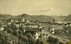 Drawing Lausanne Panorama Switzerland Old Photo CDV 1870
