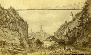 Drawing Friburg Bridge View Switzerland Old Photo CDV 1870