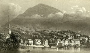 Drawing Waggis Panorama Lake Switzerland Old Photo CDV 1870