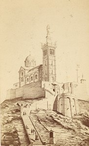 Marseille Notre Dame de la Garde Old CDV Photo Drawing 1875