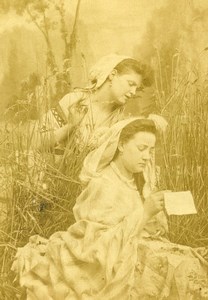 France the Letter Study 2 Women in Field Studio Décor Old Photo CDV 1870'