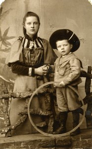 France Lille Children Game Hoop Mother & Boy Old CDV Photo Quinot 1890