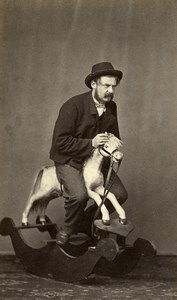 Belgique Bruxelles Homme sur un Cheval à Bascule Jouet Ancienne CDV Photo Delabarre 1870