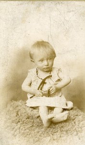 France Roubaix Toddler on Sheep skin with Small Bell Old CDV Photo Planque 1890