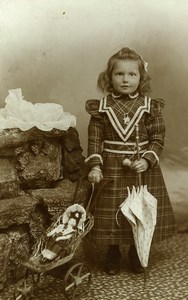 France Roubaix Girl & her Doll Tricycle Chair Old CDV Photo Elkan 1890