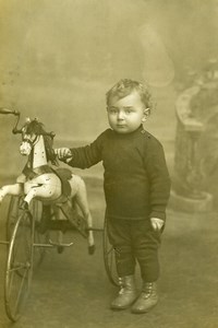 France Roubaix Children Boy & his Horse Tricycle Toy Old CDV Photo Planque 1890