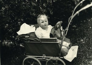 France Toddler & Teddy Bear in a Pram Old Amateur Photo 1957