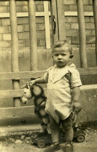 France Toddler Girl & Horse Toy Children Game Old Amateur Photo 1930