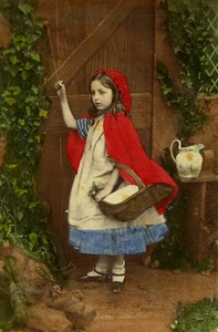 Little Red Riding Hood ringing doorbell Old CDV photo hand colored 1870