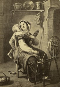 France tableau anonyme Bambin et sa mere au rouet ancienne Photo Dusacq CDV 1870