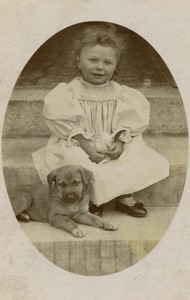 France Toddler girl in nice dress & her Dog puppy Old CDV photo 1890