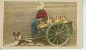 Antwerp Peasant Milk Cart & Dog Traditional Costume Belgium old CDV Photo 1875