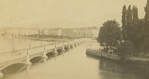 Geneva Mont-Blanc Quai & Bridge Rousseau Island old Anonymous CDV Photo 1870