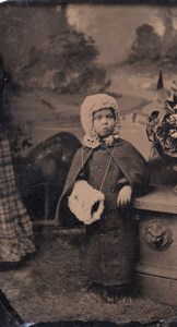 France? Portrait Young Child Hat Muff Fashion old Tintype Photo 1880's