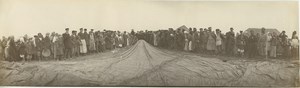 Crowd around deflated Balloon after landing Russia Old Panoramic Photo 1909