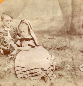 France Scene de Genre Kids Picnic Old Albumen Tissue Stereoview Photo 1860's