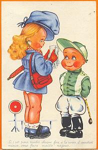 Humoristic Girl and Boy Jockey, old postcard 1900'
