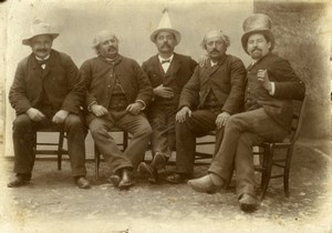 France Grown up Men seated with Silly Carnival hats Old Photo 1890'