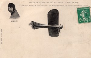 France Aviation Week Aubrun Passengers on Bleriot Monoplane Old Postcard 1910