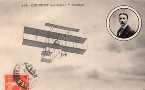 France Aviation Leon Cheuret on Farman Biplane Old Postcard 1911