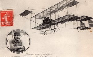 France Aviation Auguste Junod with Passenger Farman Biplane Old Postcard 1911