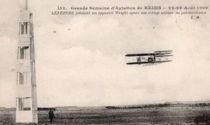 France Reims Aviation Week Lefebvre on Wright Biplane Old Postcard 1909