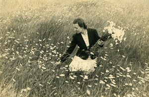 North of France Lady picking Daisy in Field Bouquet old Geesen Photo 1930's