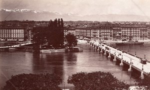 Switzerland Geneve River Bridge panorama old Photo 1880