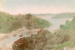 River Boat panorama Japan Old Hand-Colored Photo 1880'