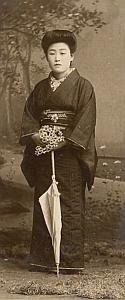 Umbrella Woman Traditional Fashion Japan Old Photo 1900