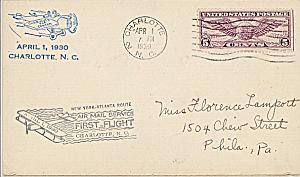 First Airmail Flight 1930 USA Charlotte NC Philadelphia