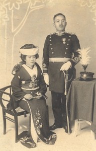 Portrait Military Uniform Kimono Fashion Couple Japan Sendai old Photo 1910
