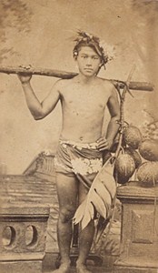 Oceania Tahiti Native Young Man Carrying Coconuts Old Ethnic Photo 1890