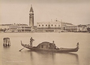 Italy Venezia Gondola Panorama & San Marco Place Two Old Photos 1890