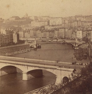 Lyon Chartreux Bridge Rhone River Panorama France Old Stereo Photo 1865