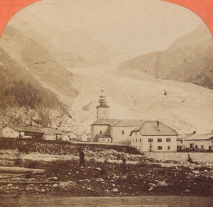 France Village & Glacier of Argentiere Old Photo Stereo Garcin 1880