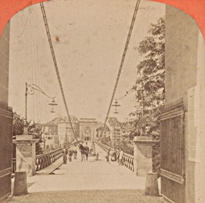 Switzerland Friburg suspension bridge Old Photo Stereo Garcin 1880