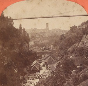 Switzerland Friburg Suspension Bridge Old Photo Stereo Garcin 1880