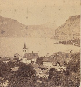 Switzerland Fluelen Panorama Old Photo Stereo Charnaux 1860
