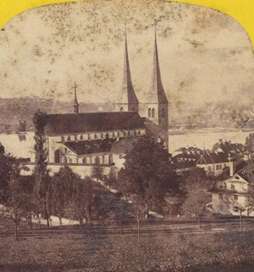 Switzerland Lucerne Church Mount Pilatus Old Photo Stereo Braun 1870