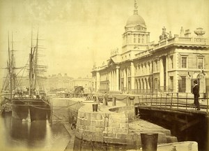 Ireland Eire Dublin Custom House Warf on Liffey River Old Albumen Photo 1875