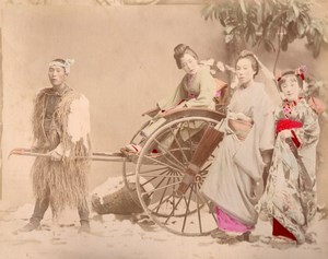 Japan Ricksaw Driver & Japanese Ladies Occupational 2 Old albumen Photos 1890