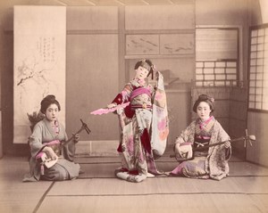 Japan Dancing Girls & Vegeteble Seller Occupational 2 Old albumen Photos 1890
