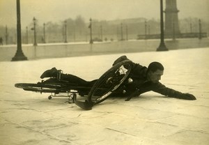 France Paris Winter Icy Road Cyclist Falling Bicycle Old Photo 1935
