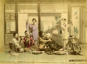 Japan Scene de Genre Dancing on Banquet Old Hand Colored Albumen Photo 1890