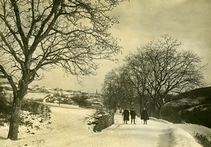 France Winter Snow Landscape Men Walking Dog Old Photo 1900