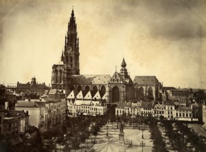 Belgium Antwerp Anvers Place Verte & Cathedral Old Photo 1890