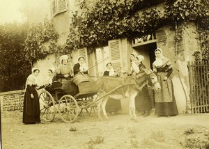 Daily Life in France Donkey Carriage Group Old Amateur Photo 1899