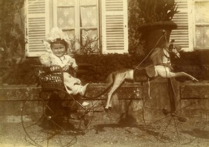 Daily Life in France Toddler Girl in Horse Cart Toy Old Amateur Photo 1900