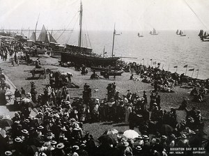 United Kingdom Brighton Day by Day Holidaymakers Beach Sailboats Old Photo 1900